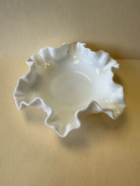 Vintage Fenton Hobnail Milk Glass Bon Bon Dish Bowl with Ruffled Edge Rim.
